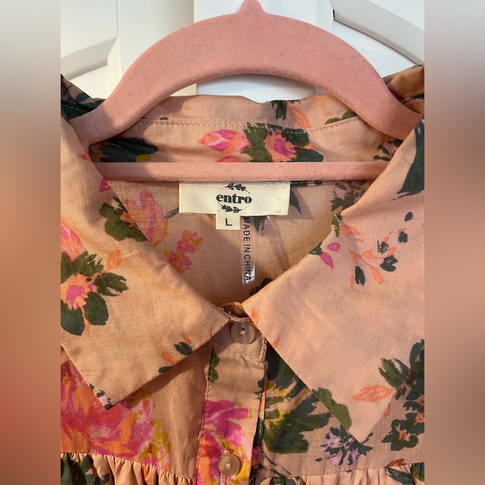 Peach Multi Floral Print Collared Button Down Ruf… - image 5